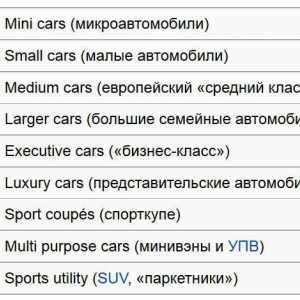 Kategorije automobila: stol. Klasifikacija automobila